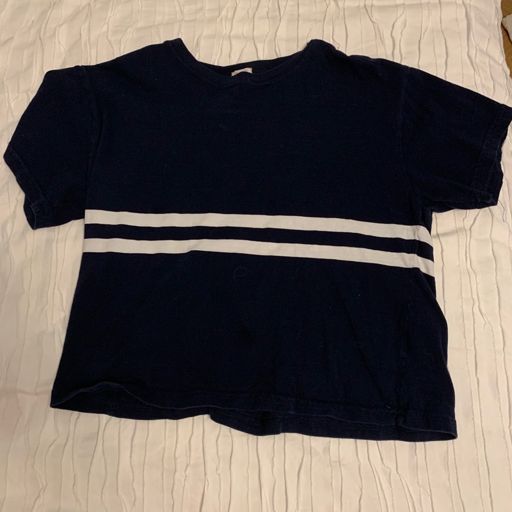 blue T-shirt with two white strips